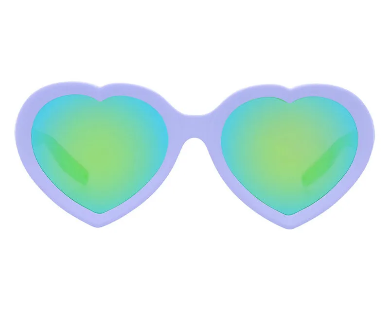 Occhiali da sole a forma di cuore "The Admirer Moontower" in viola con lenti riflettenti verdi.