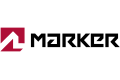 Marker Logo Design Logo von Marker mit rotem, quadratischem Symbol und schwarzem Schriftzug.
