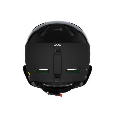 Schwarzer Skihelm, Rückansicht, mit Belüftungsschlitzen und dem POC-Logo. Kinnriemen sind sichtbar.