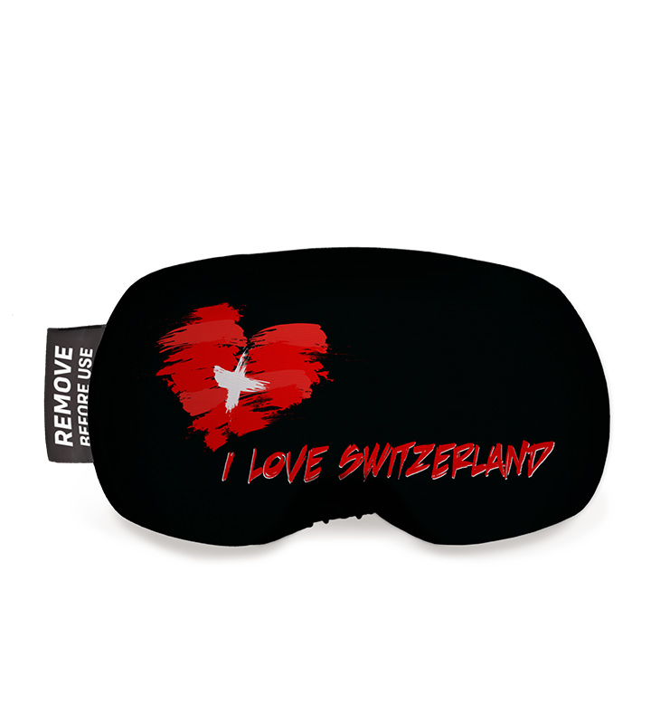 Schwarzer Skibrillenschutz mit Schweizerkreuz-Herz, Aufschrift "I love Switzerland" und Hinweis-Etikett.