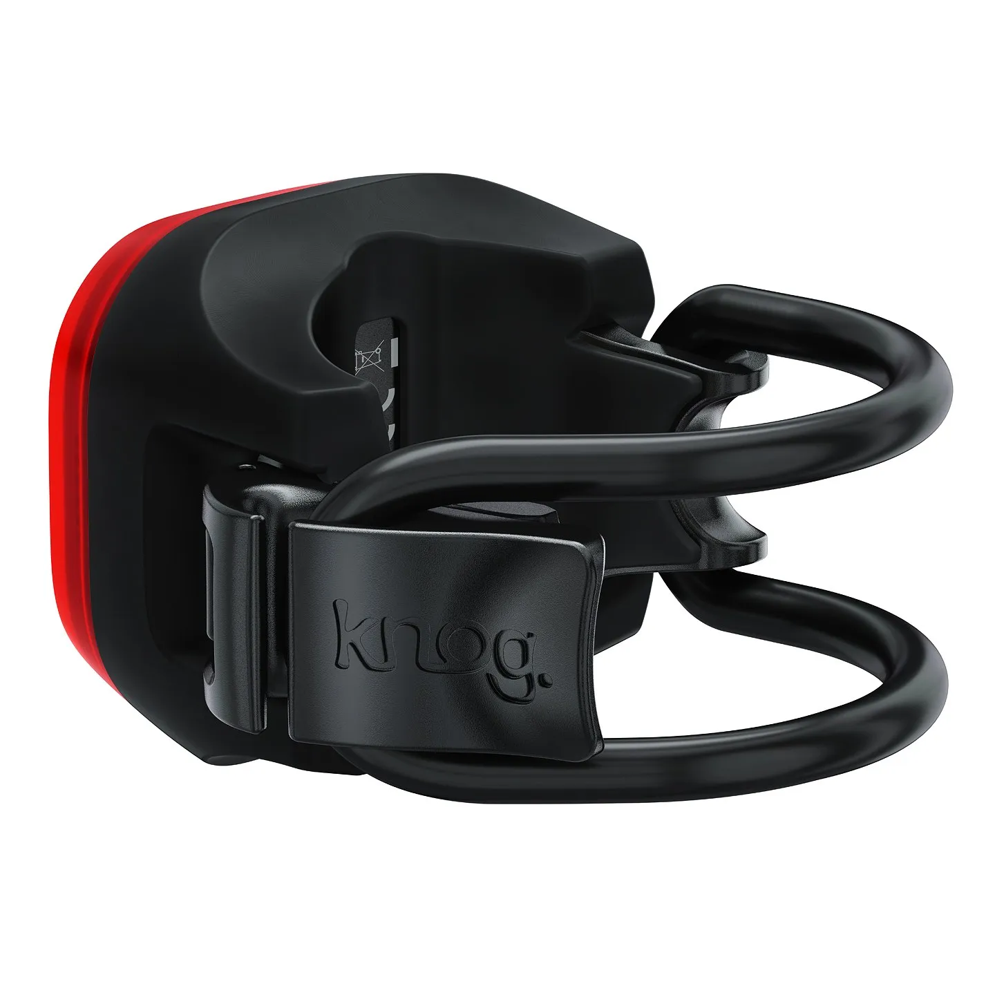 Schwarzes Knog Blinder Mini Skull Rücklicht mit rotem Leuchtband und flexibler Halterung.