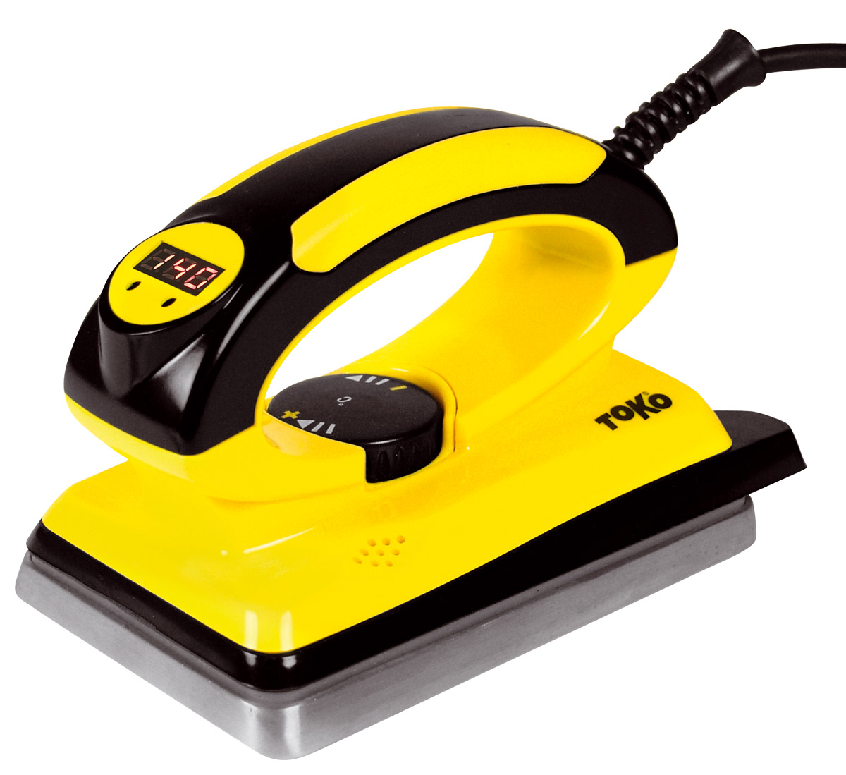 Gelbes Toko T14 Digital Waxeisen mit digitaler Temperaturanzeige und schwarzem Griff.