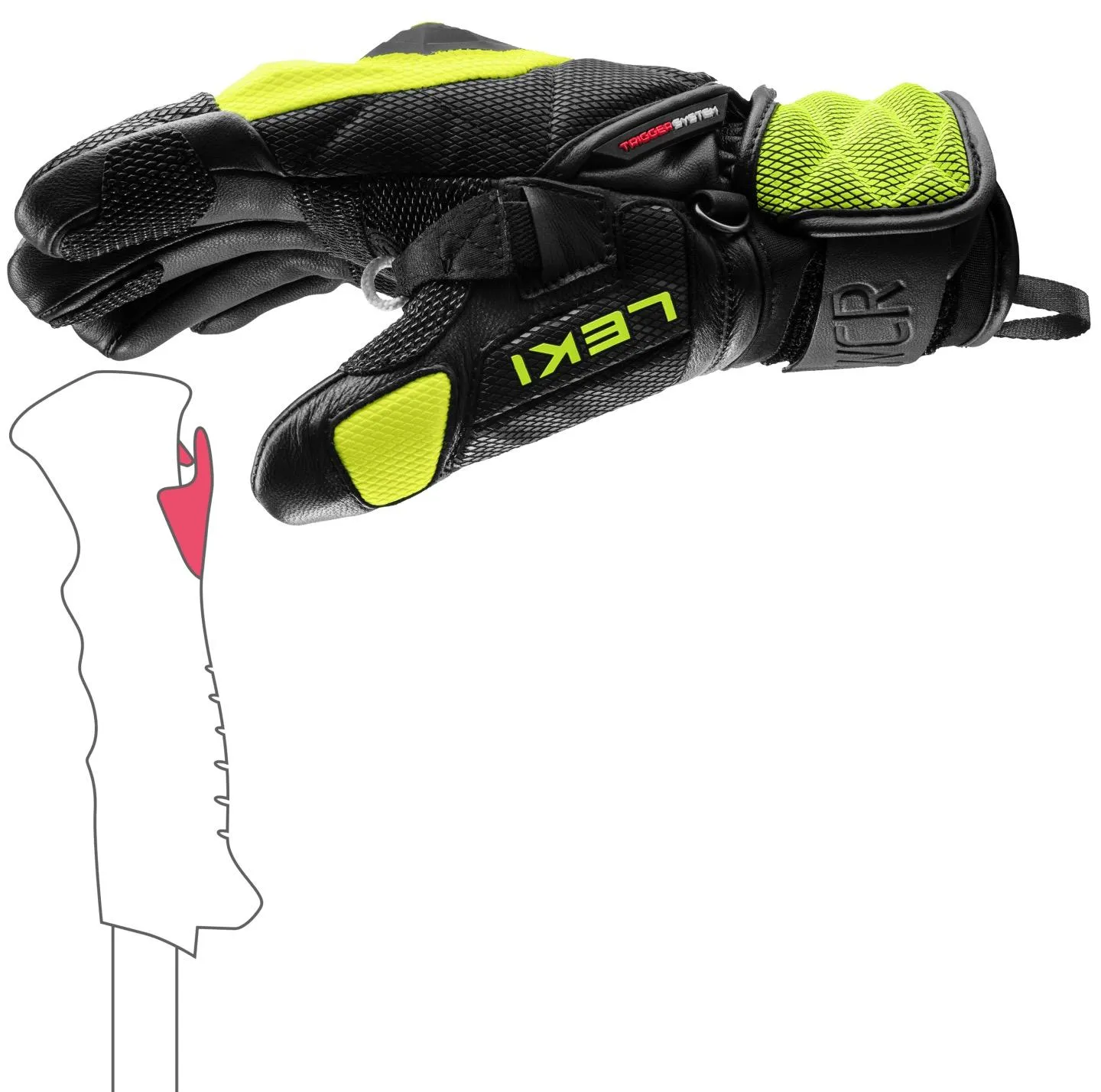 Black Leki WCR Venom SL 3D Mitt with yellow accents and illustrated ski pole contour.