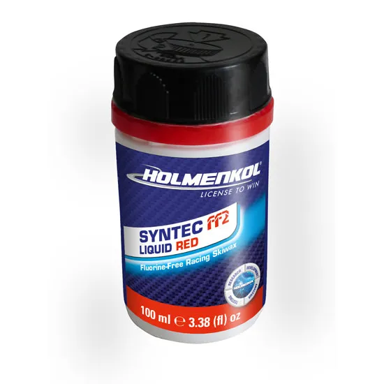 Holmenkol Fart de ski Syntec FF2 Liquid Red dans une boîte blanche avec une étiquette bleue et rouge et un couvercle noir.