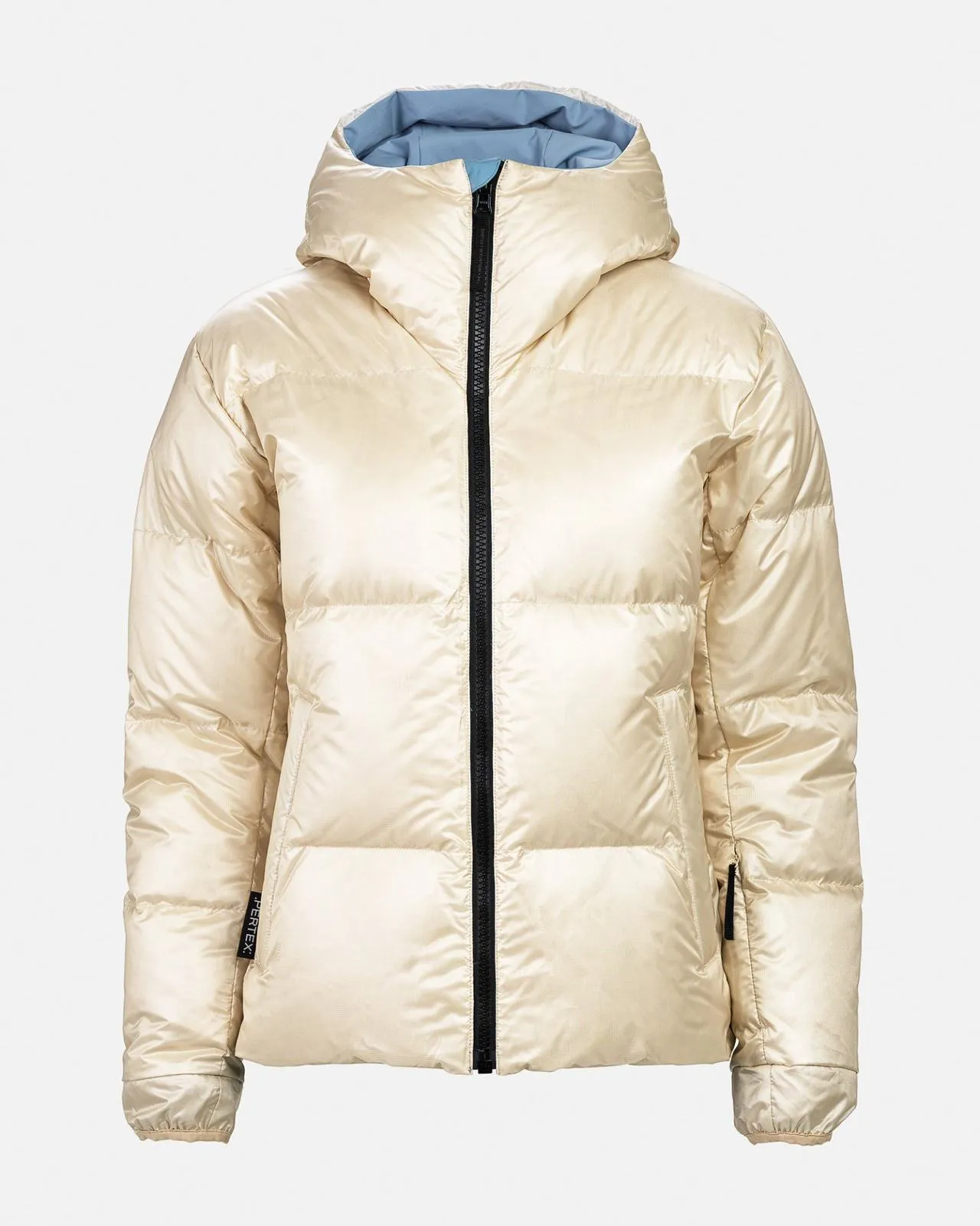 Cream-coloured down jacket with hood and black zipper against a neutral background. The hood is light blue on the inside.