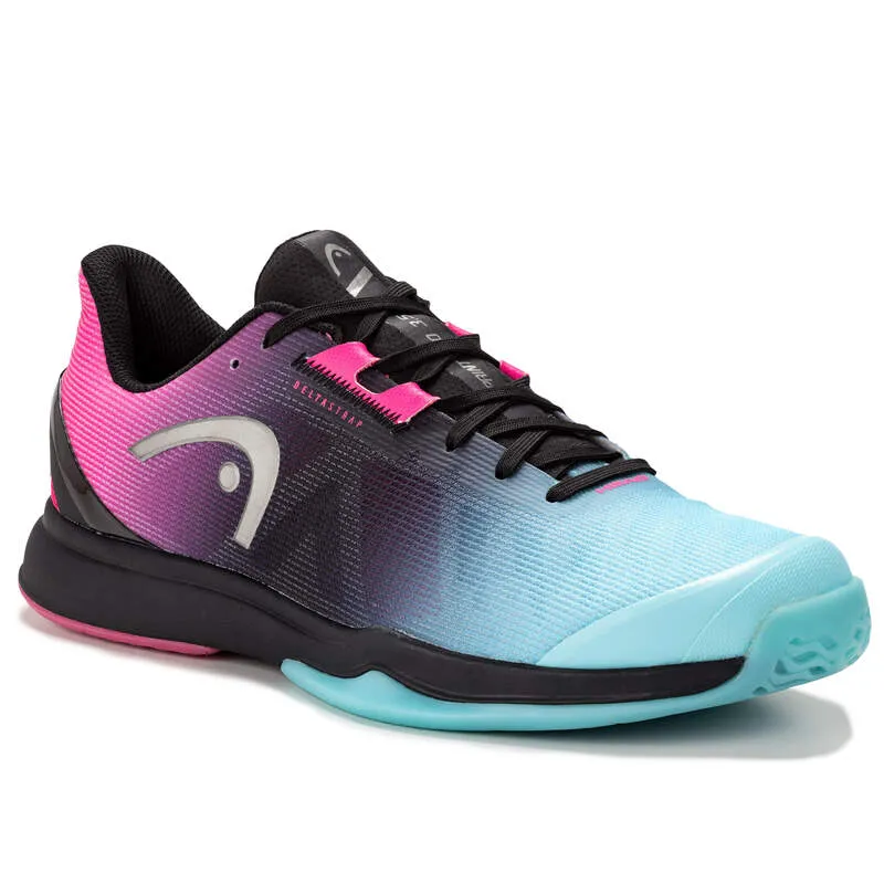 Primo piano della scarpa sportiva da indoor Sprint Pro 3.5 in nero, blu e rosa con suola nera.