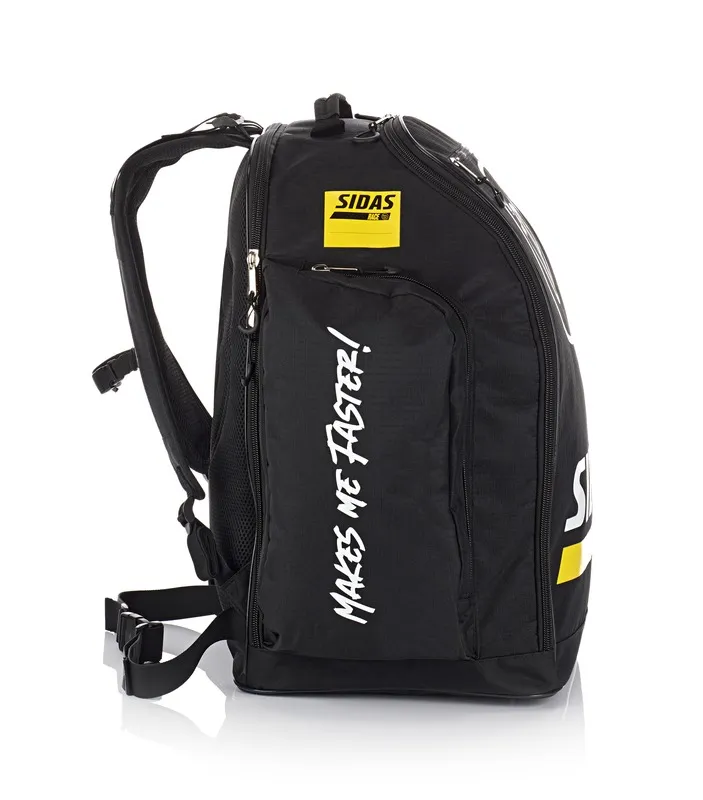 Black Sidas Race Boot Bag 60L with carrying straps, yellow logo and white lettering "MAKES ME FASTER!".