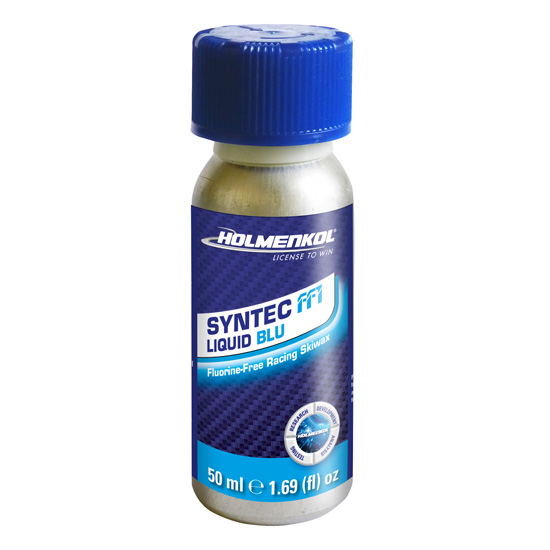 Silberne Flasche Holmenkol Syntec FF1 Liquid Blu Skiwachs mit blauem Deckel.