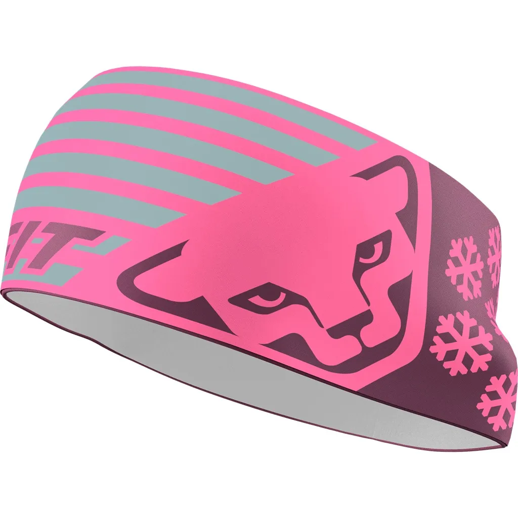 Pink headband with stylized cat head, grey stripes and snowflake motif for sporting activities.