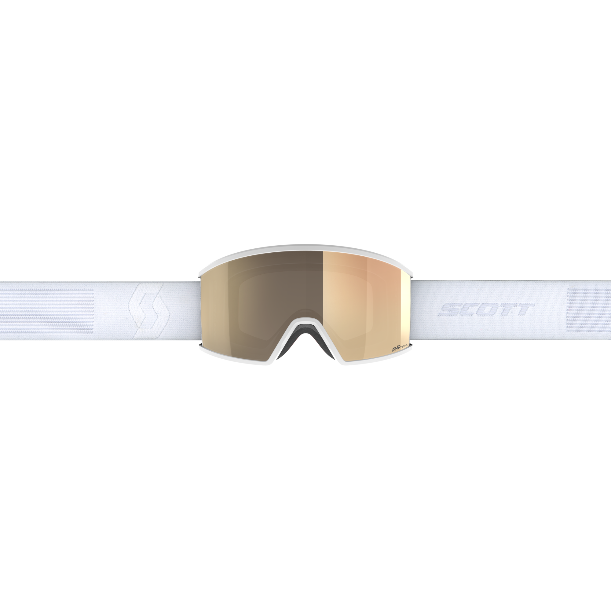 Weiße Scott Ambit LS Skibrille mit goldener Linse und weißem Band vor einem weißen Hintergrund.