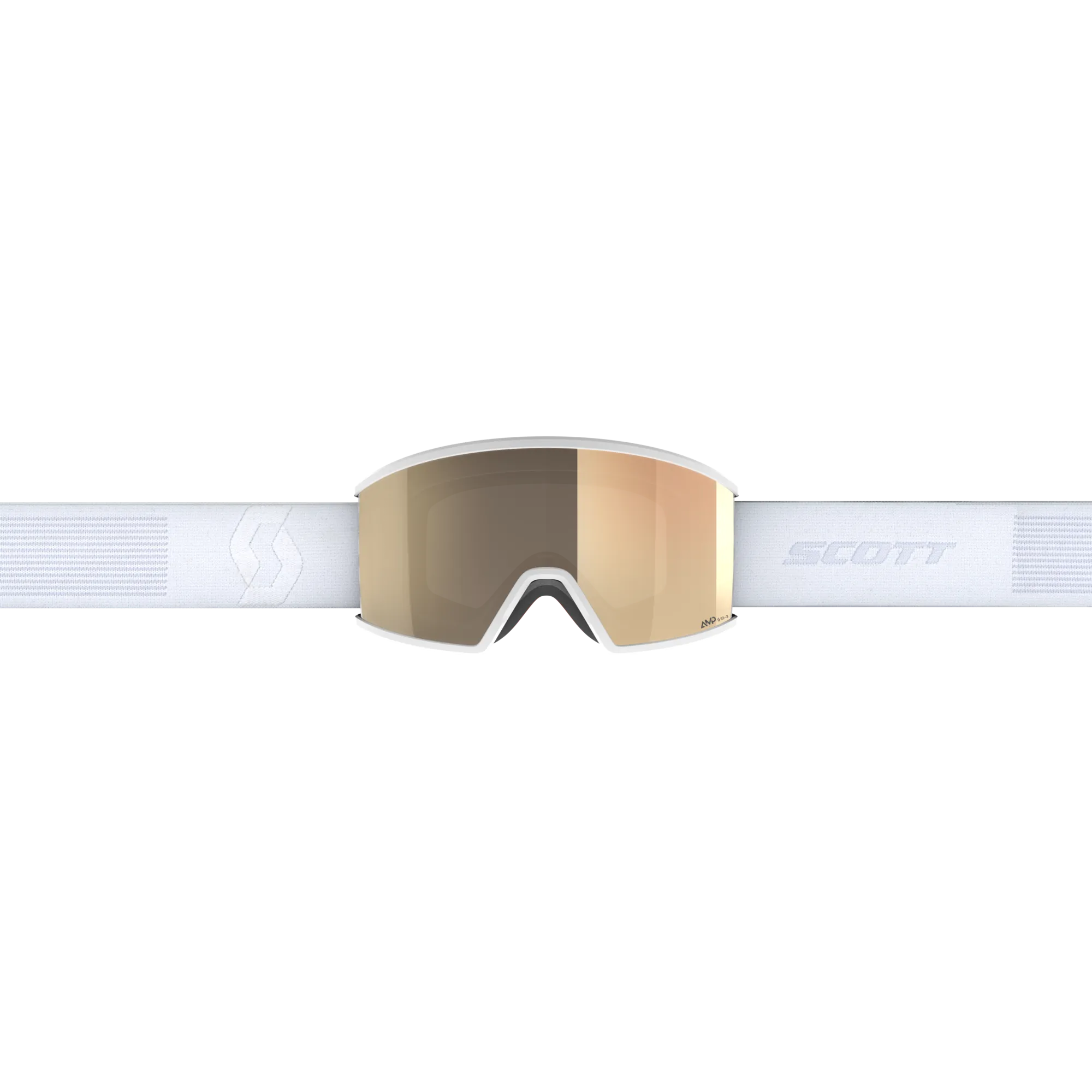 Weiße Scott Ambit LS Skibrille mit goldener Linse und weißem Band vor einem weißen Hintergrund.
