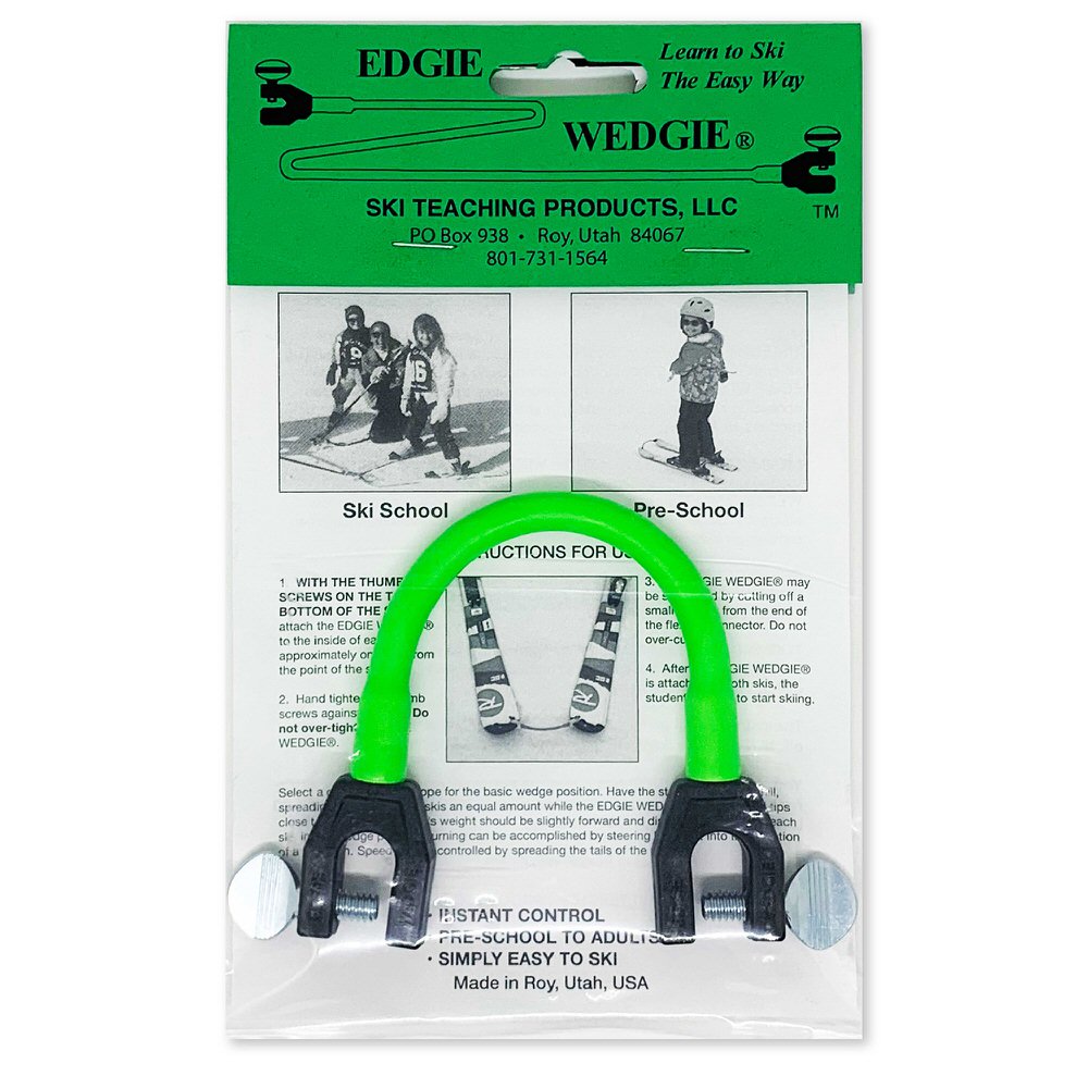 Grüner Edgie Wedgie Original in Verpackung, Lernhilfe zum Skifahren für Kinder, Gummiband mit Klemmen.