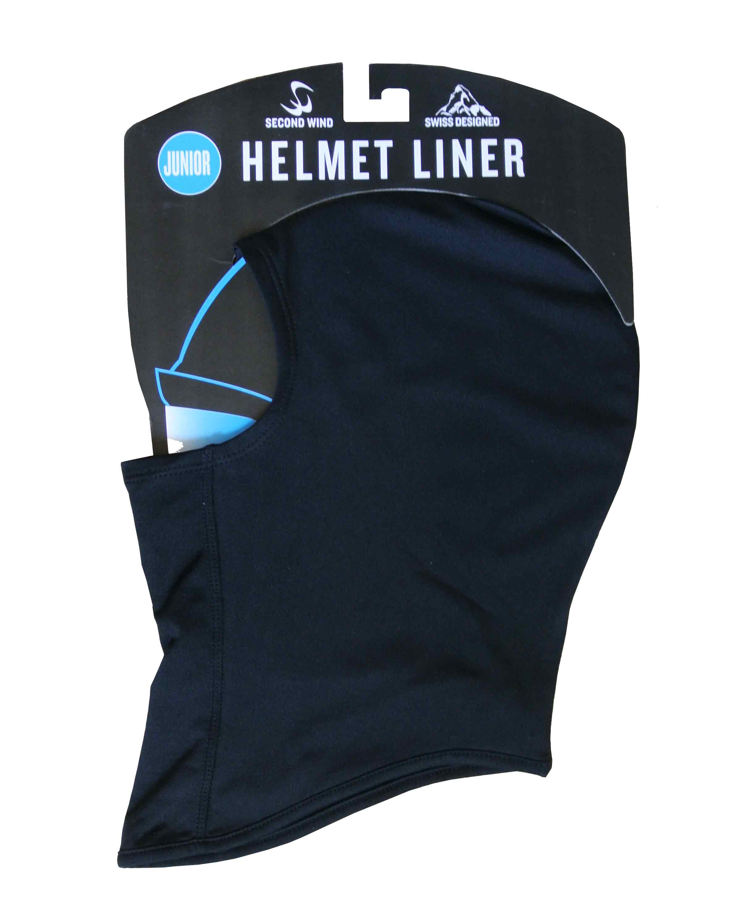 Verpackte, schwarze Sturmhaube / Helm-Unterziehmütze "Junior Helmet Liner" mit Gesichtsausschnitt.