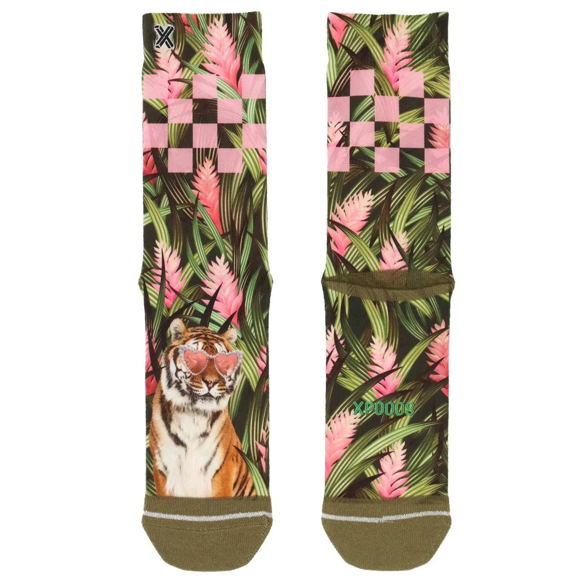 Calzini da donna XPOOOS Tiffany con motivo tigre e giungla. Un paio di calzini con fiori esotici e una testa di tigre con occhiali a forma di cuore.