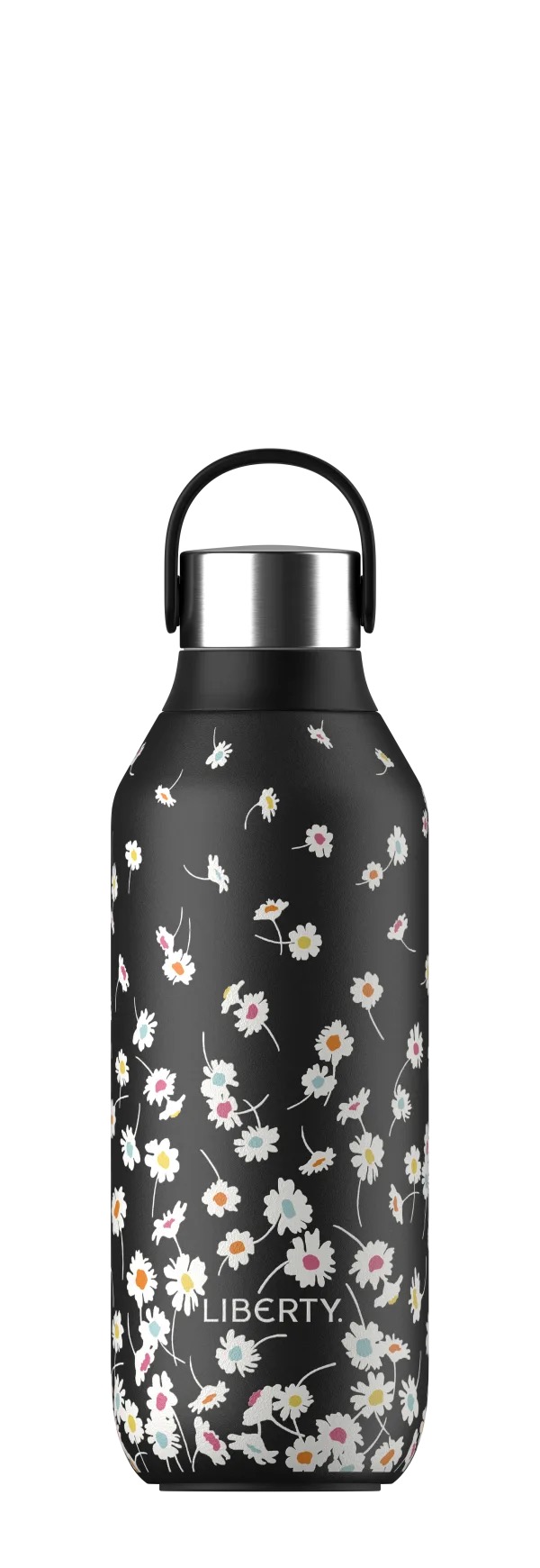 Bouteille Liberty Series 2 noire de 500 ml avec motif de pâquerettes, poignée et couvercle argenté.