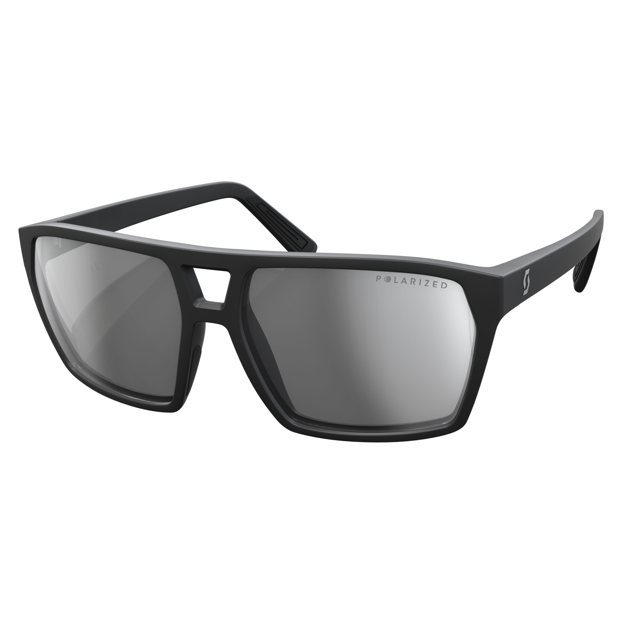 Schwarze, polarisierte SCOTT Tune Brille mit silbernen Gläsern, von der Seite leicht erhöht aufgenommen.