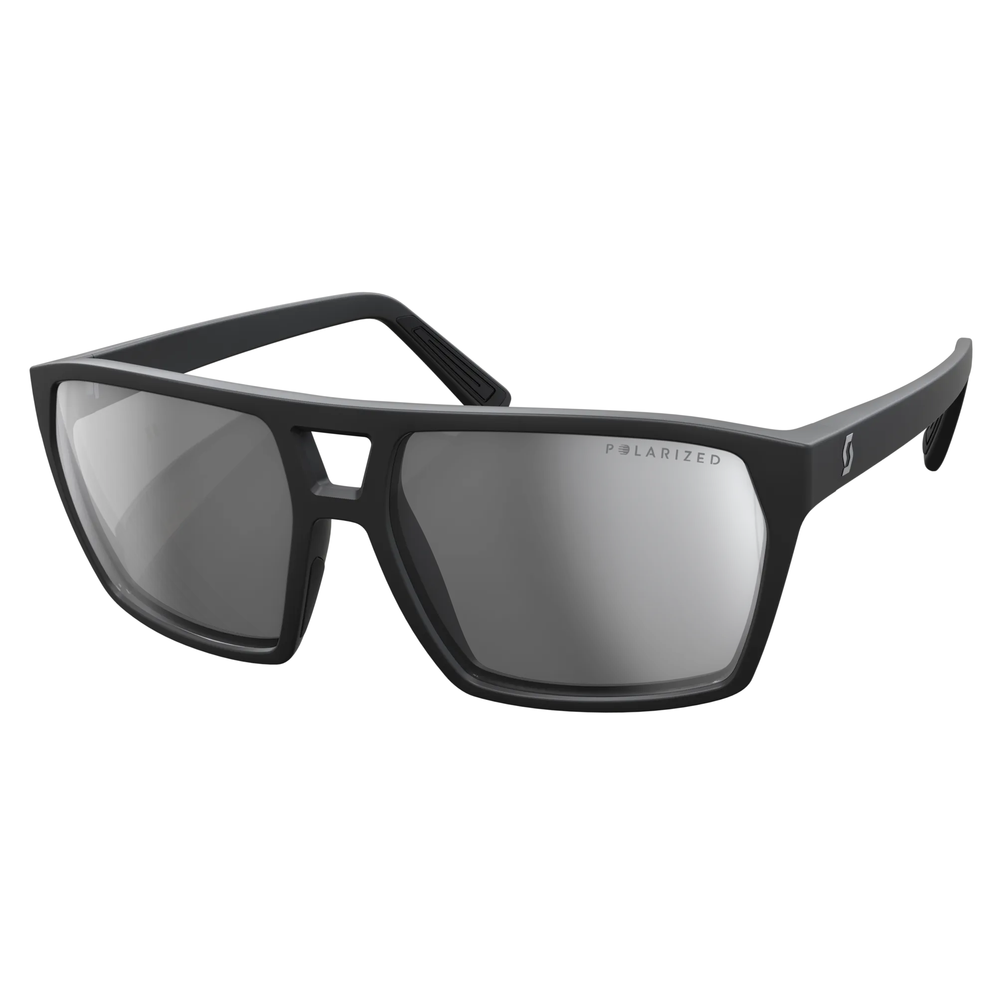 Black, polarized SCOTT Tune sunglasses with silver lenses, slightly raised from the side.
