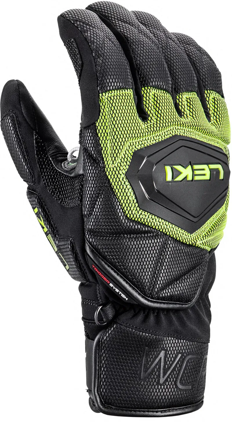 Close-up of the Leki WCR Coach 3D Mitt, black and ice-lemon colored, palm facing up.