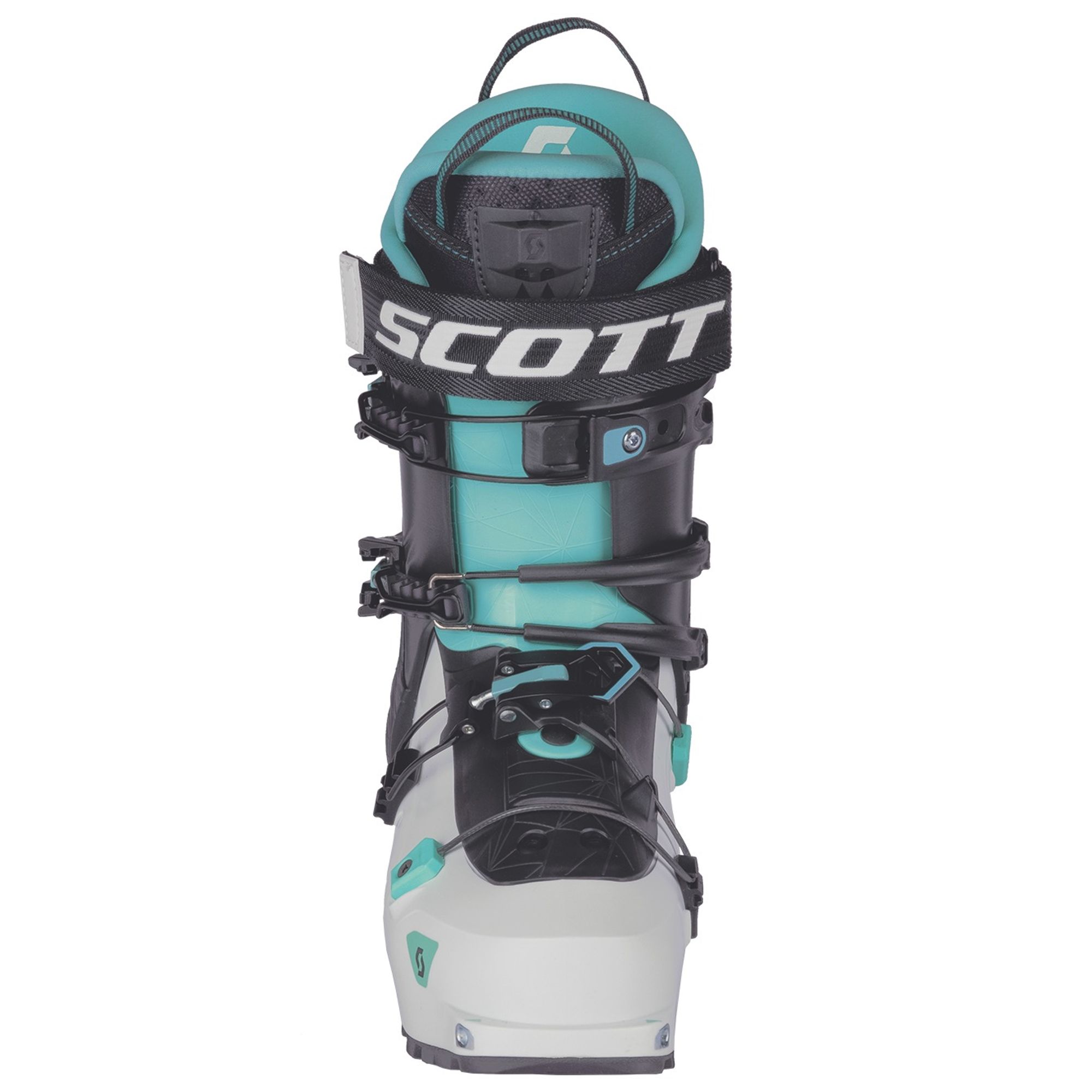 Vue de face de la chaussure de ski de randonnée SCOTT Celeste Tour en blanc, turquoise et noir, avec boucles et logo de la marque.