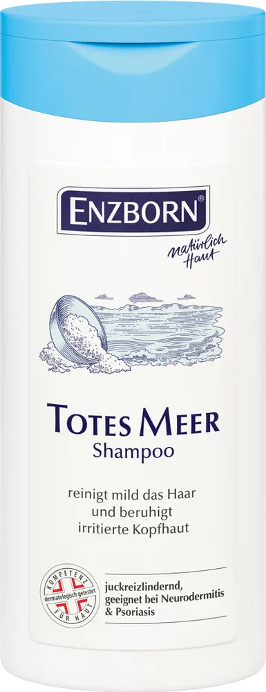 White bottle of Dead Sea shampoo with blue lid and illustration of salt and sea.