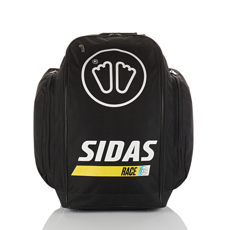 Schwarze Sidas Race-Tasche Schwarze Sidas Race Boot Bag 60L mit Reißverschlüssen, Logo und gelbem Race-Schriftzug auf der Vorderseite.