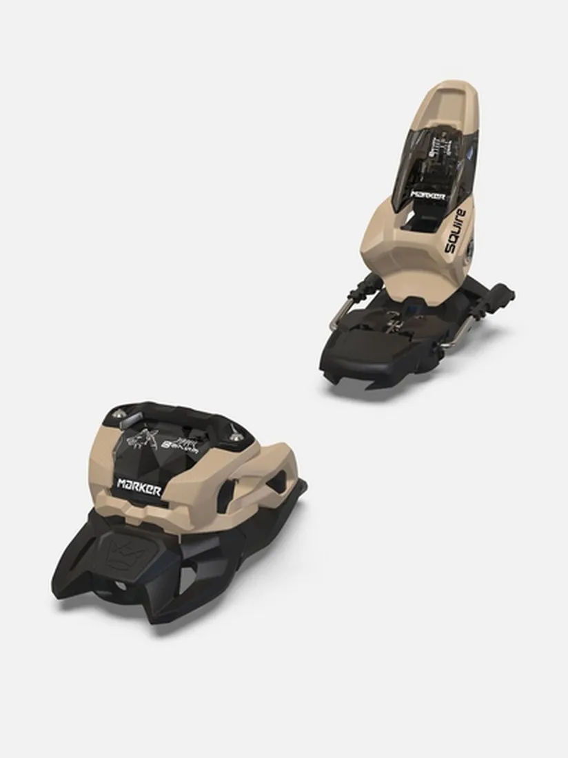 Zwei Marker Squire 11 Tan Ski-Bindungen in Beige und Schwarz, aus leicht erhöhter Perspektive auf weißem Grund.