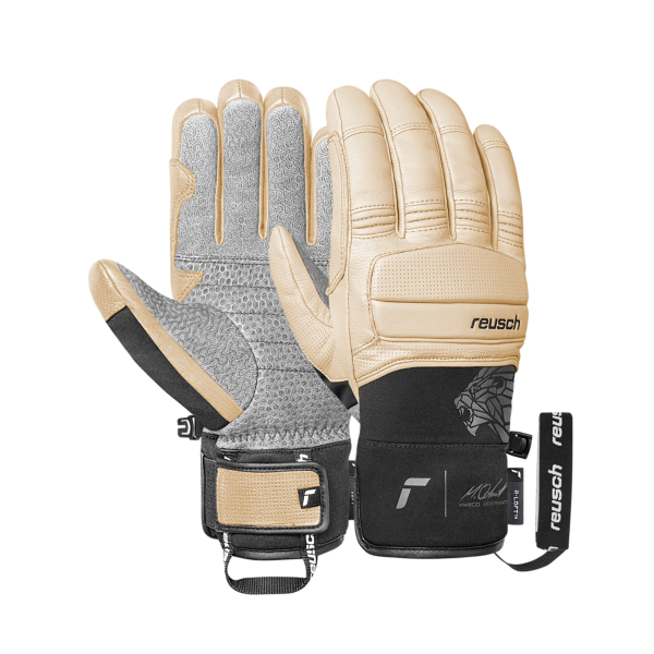 Ein Paar beige und graue Reusch-Skihandschuhe, einer mit Handfläche nach oben, der andere nach unten.