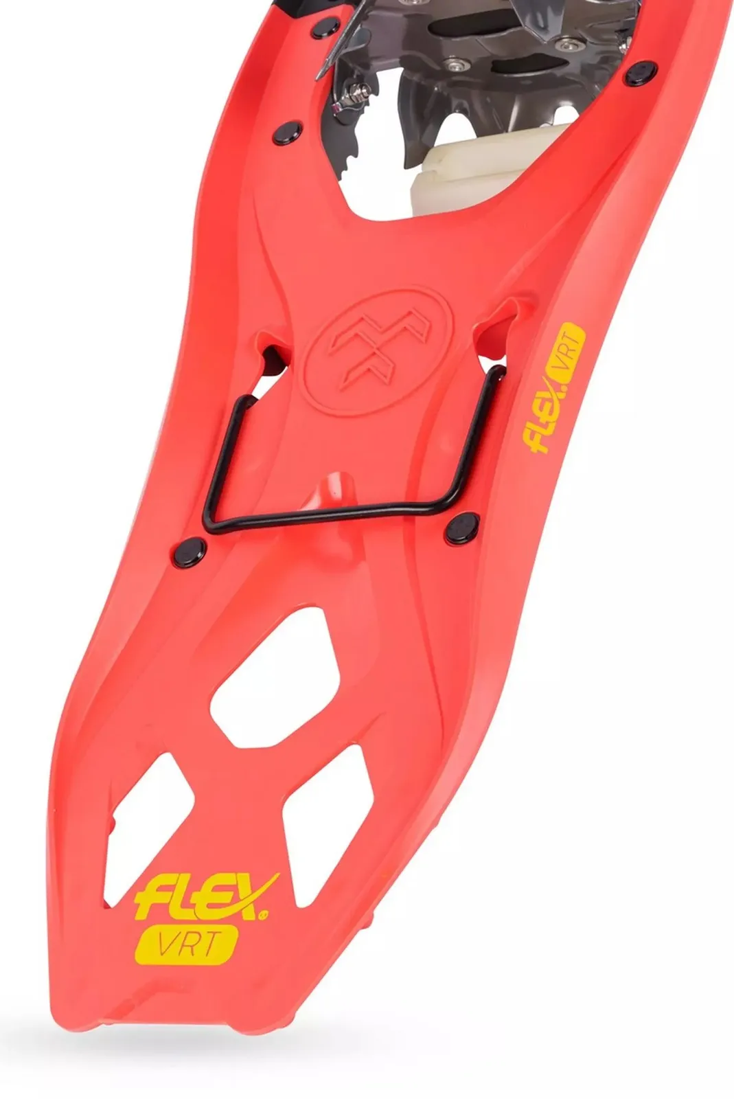 Close-up of a Tubbs Flex VRT 21 women's snowshoe in coral red, showing the Flex Torsion Deck technology.