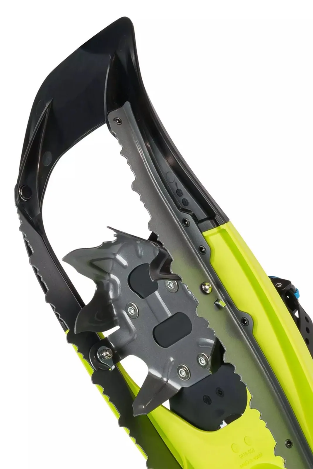 Close-up of a lime green Tubbs Flex Alp snowshoe showing the ActiveFit 2.0 binding and traction rails.