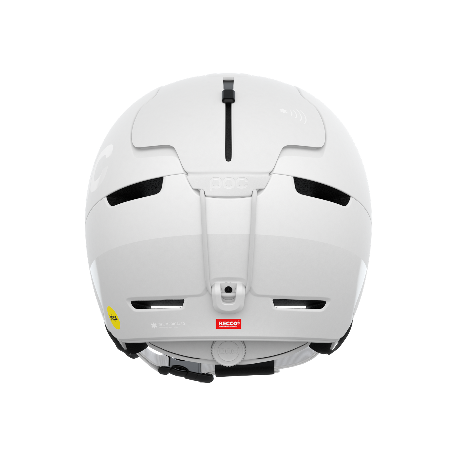 Rückansicht des weißen POC Obex BC MIPS Helms mit Belüftungsschlitzen, MIPS-Logo und RECCO-Reflektor.