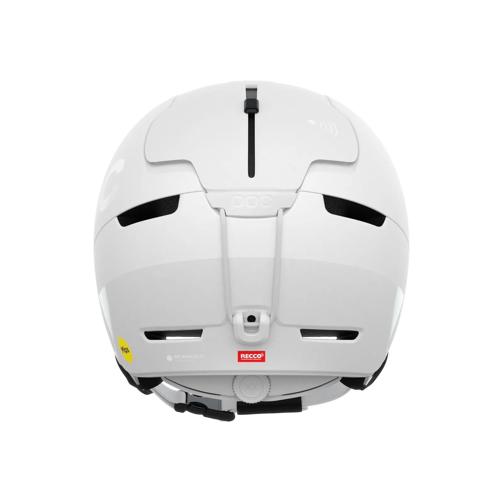 Vue arrière du casque POC Obex BC MIPS blanc avec fentes d'aération, logo MIPS et réflecteur RECCO.