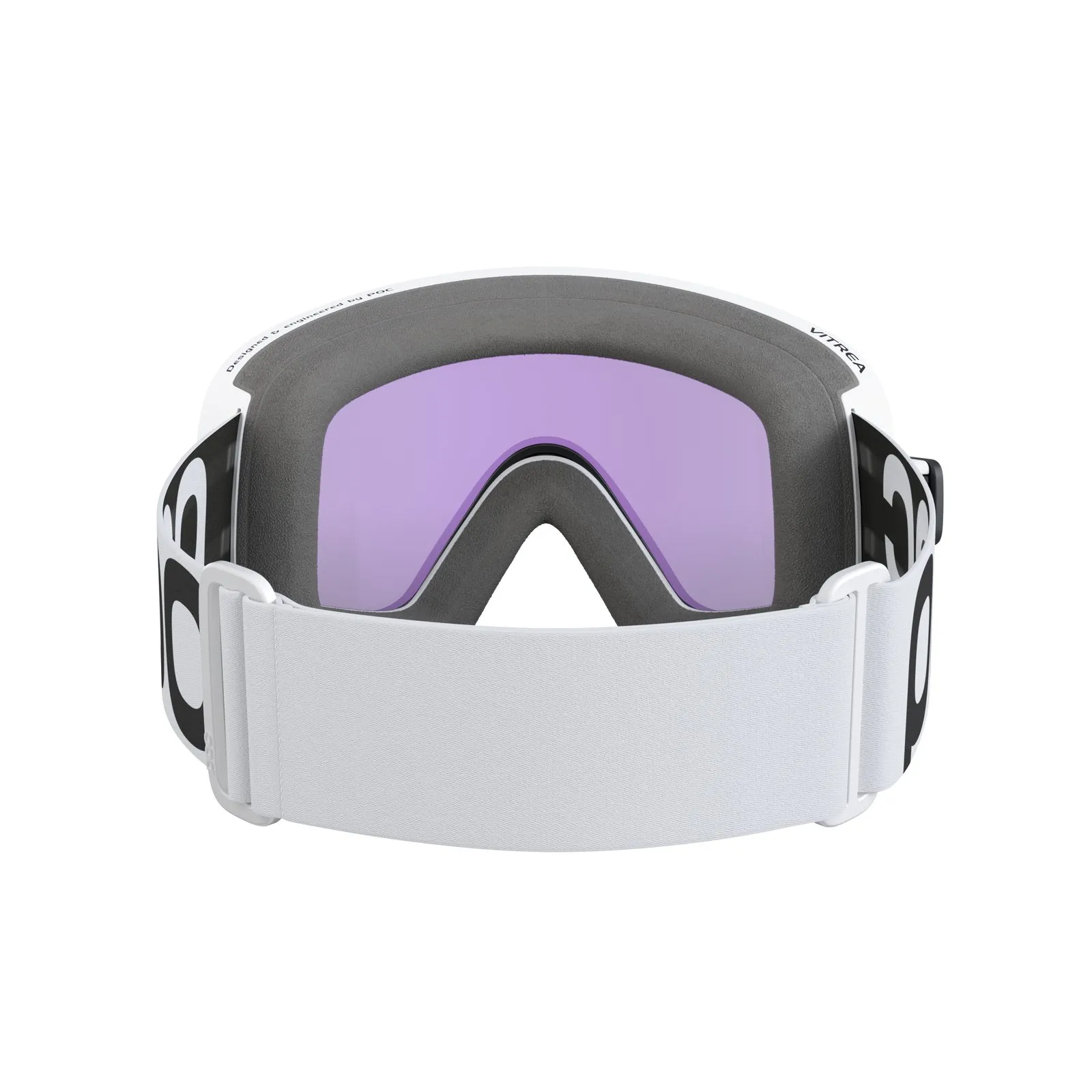 Vista frontale delle maschere da sci POC Vitrea in Hydrogen White con lenti Partly Sunny Blue.