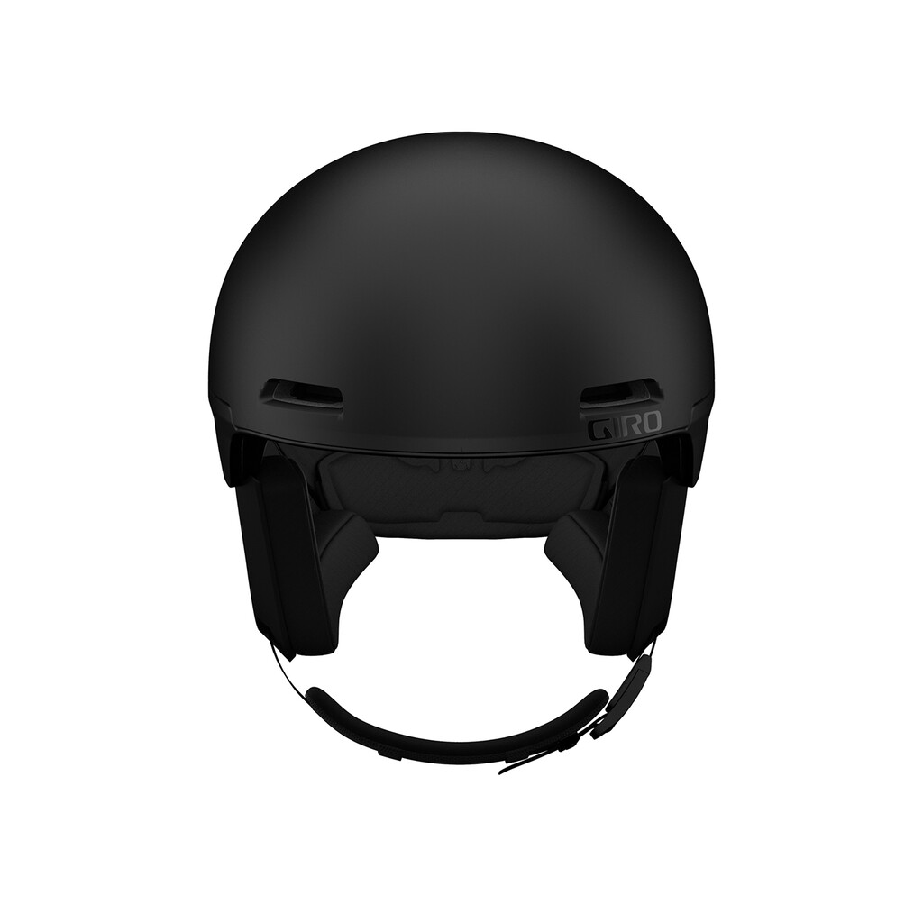 Ein mattschwarzer Giro Owen Spherical MIPS Skihelm von vorne, mit Ohrenpads und Kinnriemen.