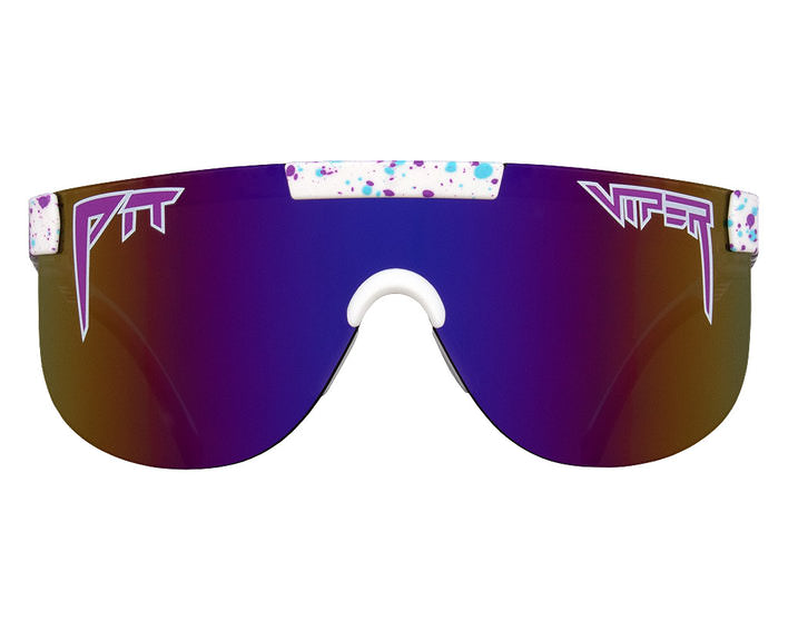 Bunte Sonnenbrille "The Jetski" Sonnenbrille "The Jetski Elliptical" mit buntem Rahmen und verspiegelten Gläsern von vorn.