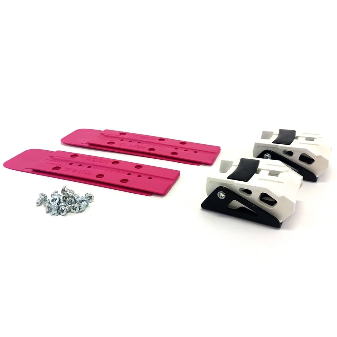 NTN Freeride Heel Kit: Zwei rote Montageplatten, ein Haufen Schrauben, zwei weiße Fersenstücke mit schwarzen Akzenten.