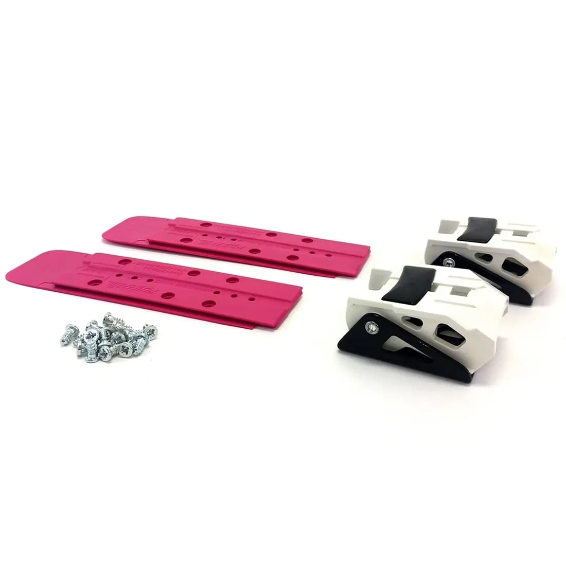 NTN Freeride Heel Kit: Zwei rote Montageplatten, ein Haufen Schrauben, zwei weiße Fersenstücke mit schwarzen Akzenten.