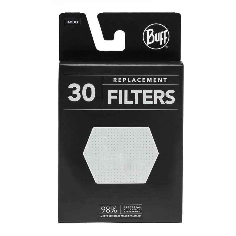 Verpackung von 30 Buff Replacement Filtern für Masken in Schwarz mit Filter-Symbol.
