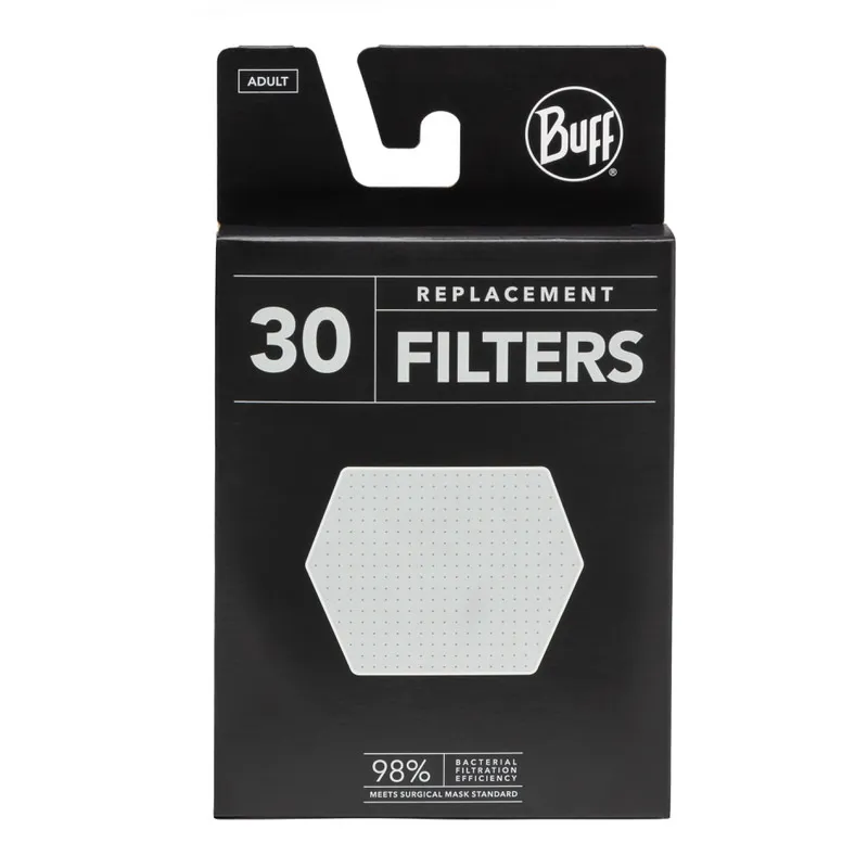 Verpackung von 30 Buff Replacement Filtern für Masken in Schwarz mit Filter-Symbol.