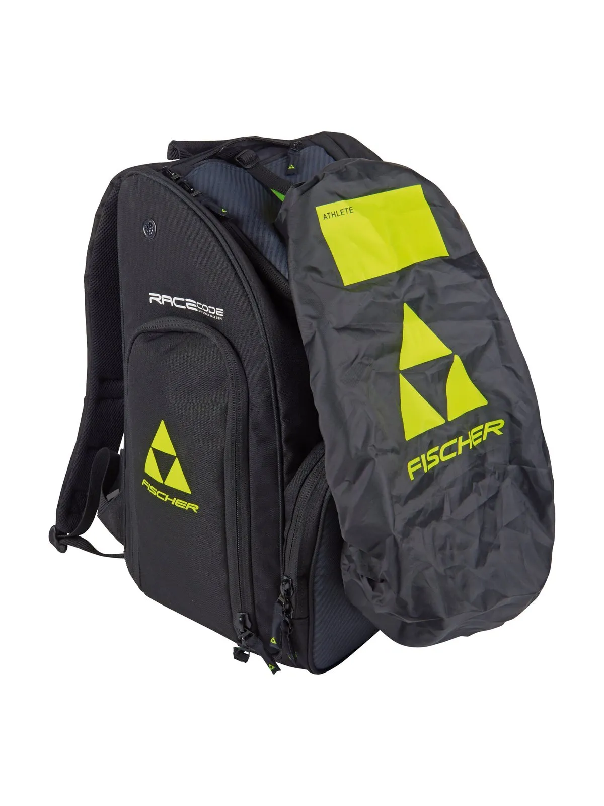 Un sac à dos noir Fischer avec un logo jaune, des détails et une couverture imperméable grise. Sur la couverture, on peut voir un badge jaune "ATHLETE".