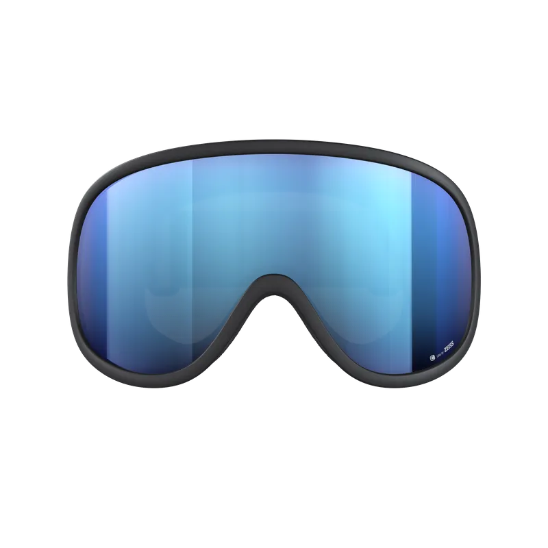 Lunettes de ski gris foncé avec une grande lentille bleue à effet miroir.