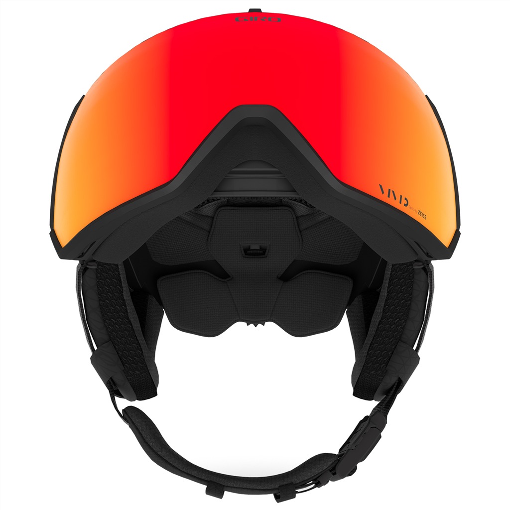 Skihelm Giro Orbit Mips Spherical Vivid von vorn. Rotes Visier und schwarze Ohrenpolster sichtbar.