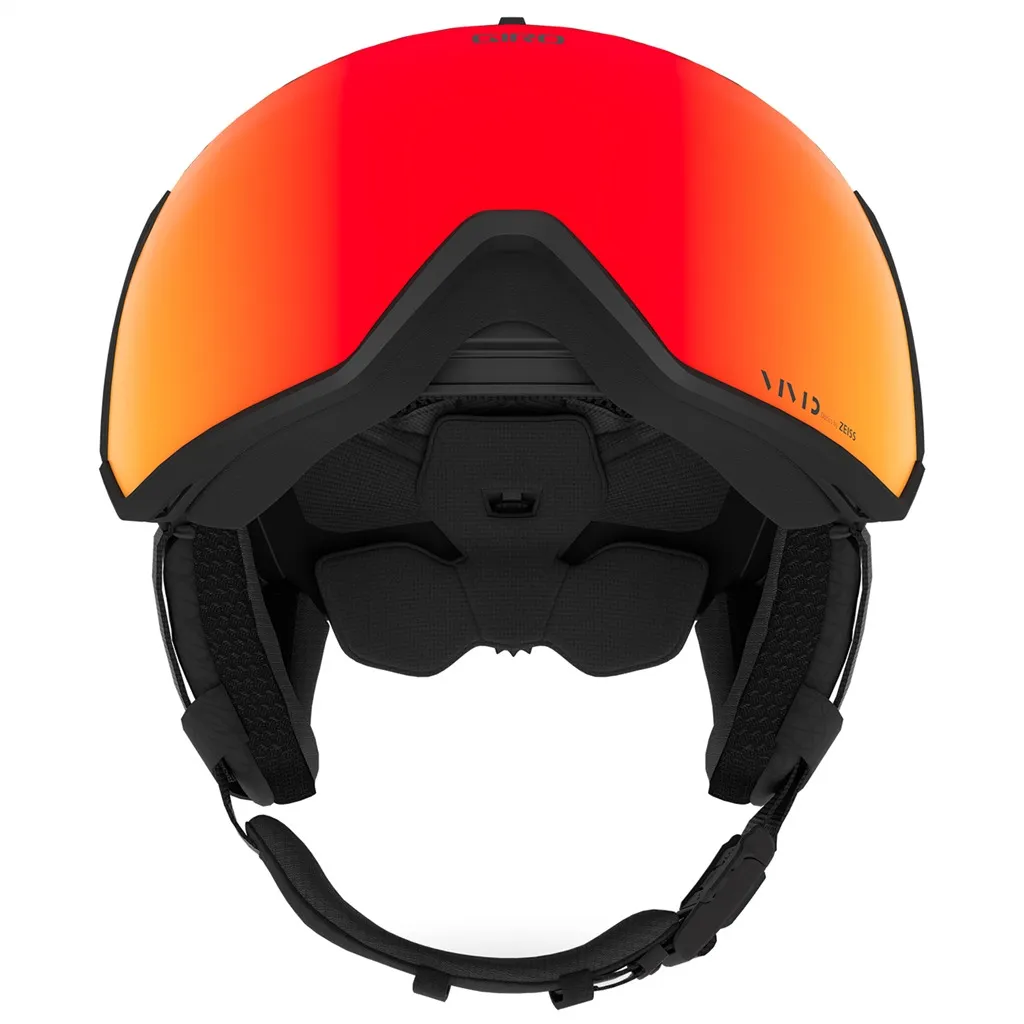 Casco da sci Giro Orbit Mips Spherical Vivid visto di fronte. Visiera rossa e padiglioni auricolari neri visibili.