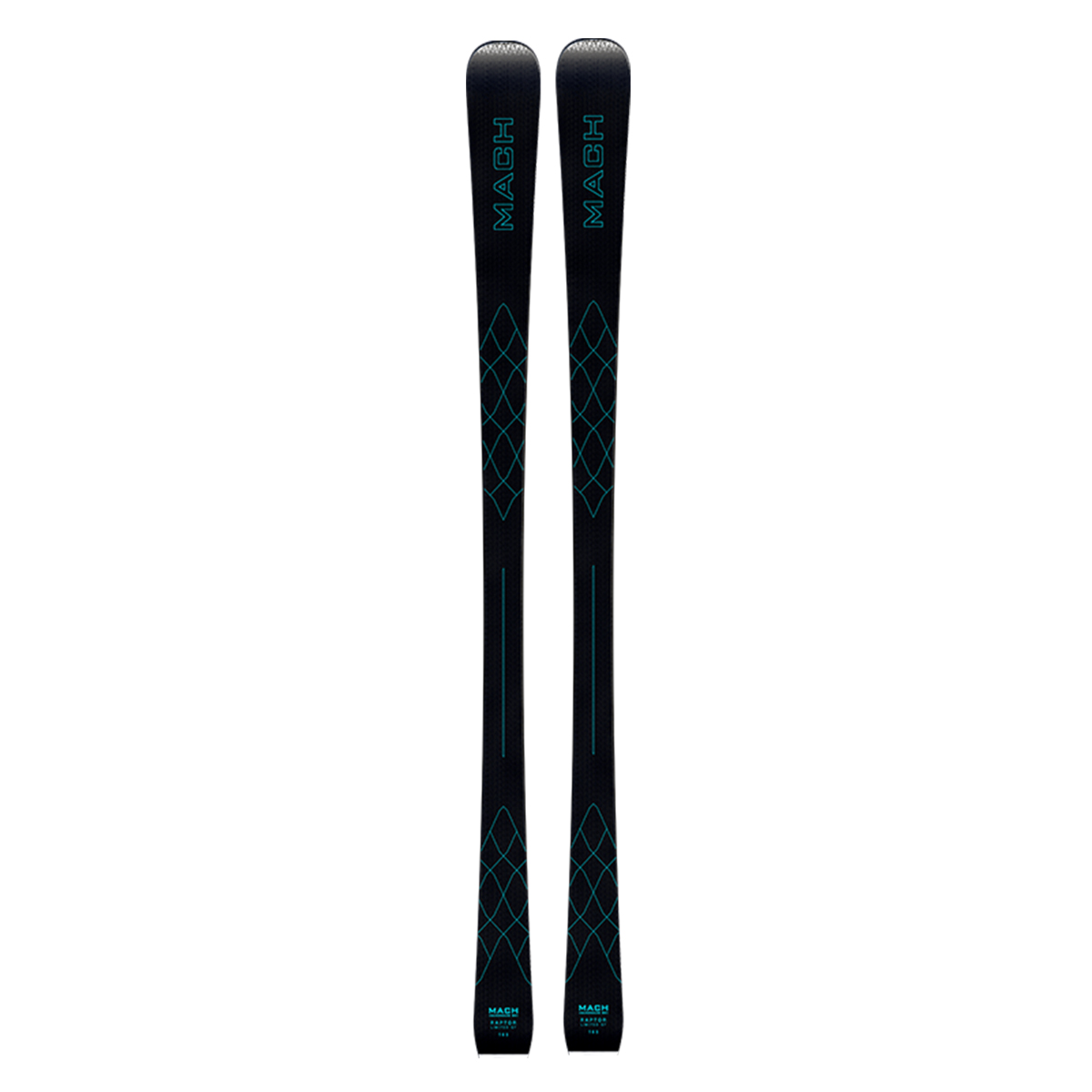 Zwei schwarze MACH RAPTOR GT Ski mit blaugrünen Rautenmustern stehen parallel.