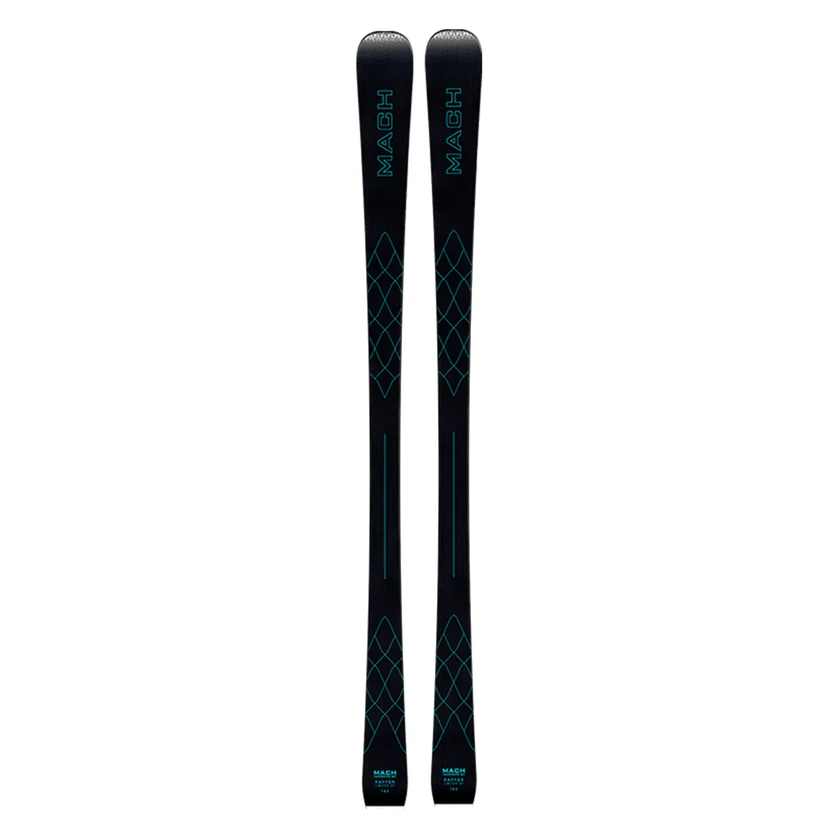 Two black MACH RAPTOR GT skis with blue-green diamond patterns stand parallel.