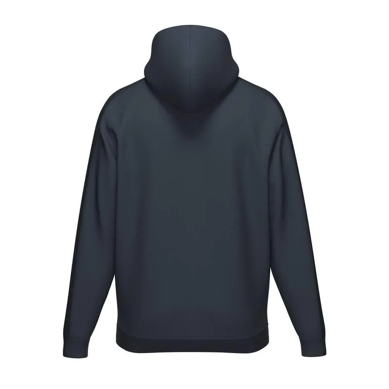 Dark blue hoodie from the back with hood and long sleeves on a white background.