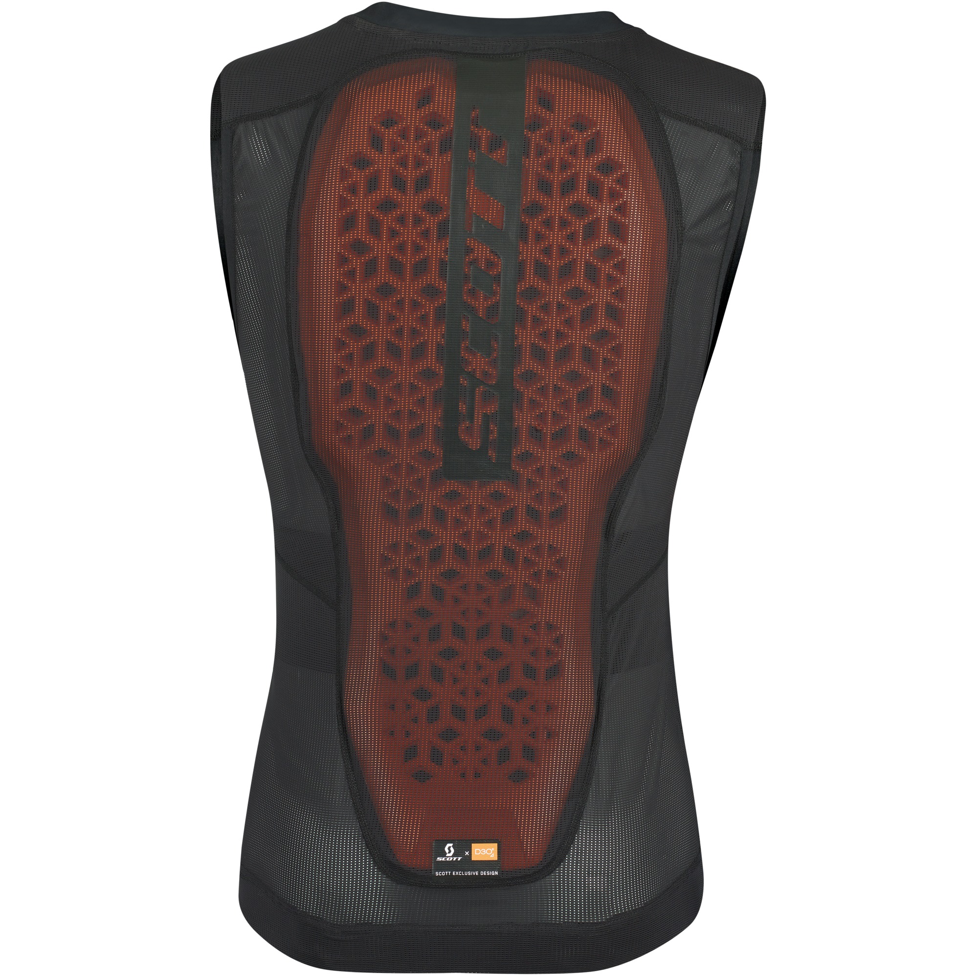 Rückenansicht der Scott Airflex Light Men Protektorweste in Schwarz mit braunem, flexiblem D3O-Einsatz.