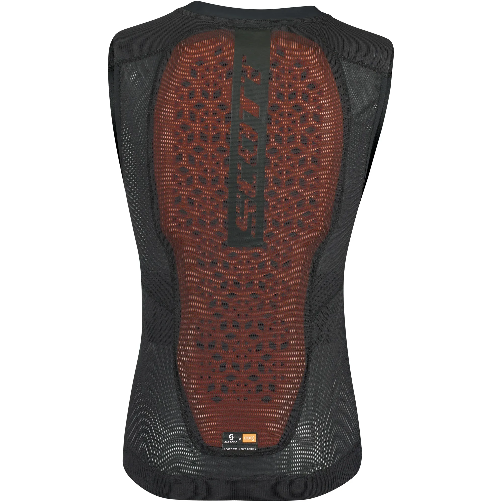 Rückenansicht der Scott Airflex Light Men Protektorweste in Schwarz mit braunem, flexiblem D3O-Einsatz.