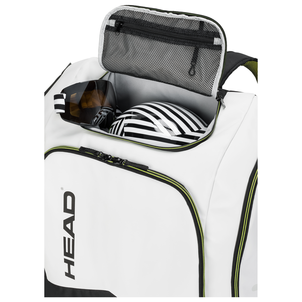 Weißer Head Rebels Racing Backpack mit Skibrille, Helm und Netzfach.