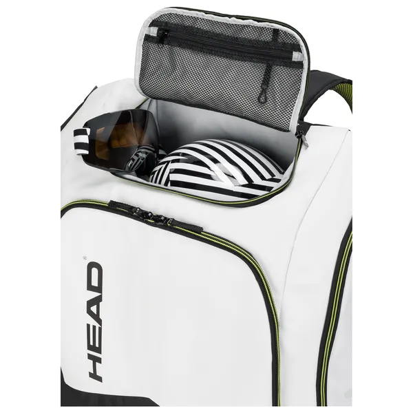 Sac à dos de course Head Rebels blanc avec lunettes de ski, casque et compartiment en filet.