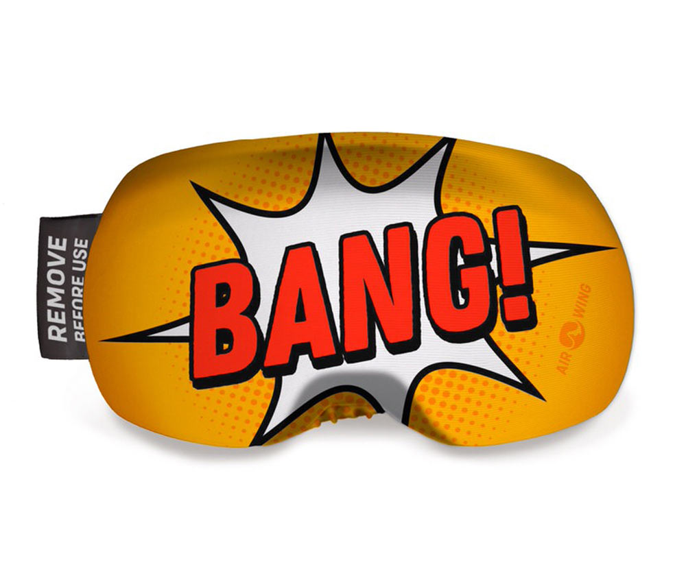 Gelbe Skibrillen-Schutzhülle mit rotem "BANG!"-Schriftzug im Comic-Stil.